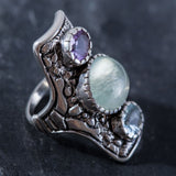 Prehnite Ring, Natural Prehnite, Amethyst Ring, Blue Topaz Ring, Statement Ring, May Birthstone, Multistone Ring, Silver Ring, Prehnite
