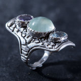 Prehnite Ring, Natural Prehnite, Amethyst Ring, Blue Topaz Ring, Statement Ring, May Birthstone, Multistone Ring, Silver Ring, Prehnite