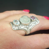 Prehnite Ring, Natural Prehnite, Amethyst Ring, Blue Topaz Ring, Statement Ring, May Birthstone, Multistone Ring, Silver Ring, Prehnite