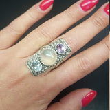 Prehnite Ring, Natural Prehnite, Amethyst Ring, Blue Topaz Ring, Statement Ring, May Birthstone, Multistone Ring, Silver Ring, Prehnite