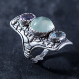 Prehnite Ring, Natural Prehnite, Amethyst Ring, Blue Topaz Ring, Statement Ring, May Birthstone, Multistone Ring, Silver Ring, Prehnite