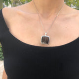 Obsidian Pendant, Natural Obsidian Necklace, Silver Statement Pendant, Large Square Pendant, Silver Vintage Necklace, Rare by Adina