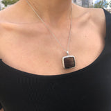 Obsidian Pendant, Natural Obsidian Necklace, Silver Statement Pendant, Large Square Pendant, Silver Vintage Necklace, Rare by Adina
