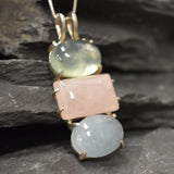 Bohemian Pendant, Rose Quartz Pendant, Multistone Pendant, Heavy Pendant, Long Pendant, Statement Pendant, Solid Silver Pendant, Aquamarine