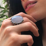 Chalcedony Ring, Natural Blue Chalcedony, Statement Ring, Vintage Ring, Lilac Ring, Rough Ring Design,Large Oval Ring, Solid Silver Ring