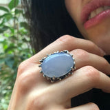 Chalcedony Ring, Natural Blue Chalcedony, Statement Ring, Vintage Ring, Lilac Ring, Rough Ring Design,Large Oval Ring, Solid Silver Ring