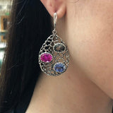 Statement Dangling Earrings, Heavy Silver Earrings, Boho Earrings, Multistone Earrings, Pink Earrings, Large Silver Earrings, Rare By Adina