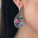 Statement Dangling Earrings, Heavy Silver Earrings, Boho Earrings, Multistone Earrings, Pink Earrings, Large Silver Earrings, Rare By Adina