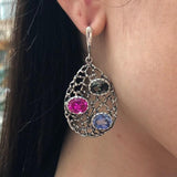 Statement Dangling Earrings, Heavy Silver Earrings, Boho Earrings, Multistone Earrings, Pink Earrings, Large Silver Earrings, Rare By Adina