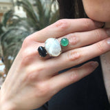 Multistone Ring, Mother of Pearl, Boho Ring, Statement Ring, June Birthstone, Artistic Ring, Chunky Ring, 925 Silver Ring, Onyx, Green Agate