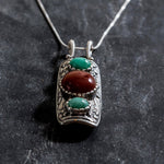 Emerald Boho Pendant, Natural Emerald, Red Agate Pendant, Tribal Pendant, Statement Pendant, Long Silver Pendant, Solid Silver, Carnelian