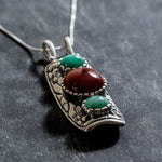 Emerald Boho Pendant, Natural Emerald, Red Agate Pendant, Tribal Pendant, Statement Pendant, Long Silver Pendant, Solid Silver, Carnelian