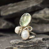 Moonstone Ring, Prehnite Ring, Natural Moonstone, June Birthstone, Three Stone Ring, Statement Ring, Boho Ring, Large Ring, Rare By Adina