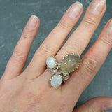 Moonstone Ring, Prehnite Ring, Natural Moonstone, June Birthstone, Three Stone Ring, Statement Ring, Boho Ring, Large Ring, Rare By Adina