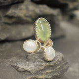Moonstone Ring, Prehnite Ring, Natural Moonstone, June Birthstone, Three Stone Ring, Statement Ring, Boho Ring, Large Ring, Rare By Adina