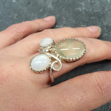 Moonstone Ring, Prehnite Ring, Natural Moonstone, June Birthstone, Three Stone Ring, Statement Ring, Boho Ring, Large Ring, Rare By Adina