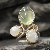 Moonstone Ring, Prehnite Ring, Natural Moonstone, June Birthstone, Three Stone Ring, Statement Ring, Boho Ring, Large Ring, Rare By Adina