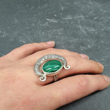 Crescent Ring, Natural Malachite Ring, Statement Ring, Tribal Ring, Large Green Ring, Vintage Ring, Green Crescent Ring, Solid Silver Ring