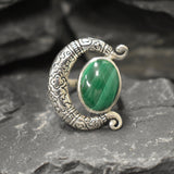 Crescent Ring, Natural Malachite Ring, Statement Ring, Tribal Ring, Large Green Ring, Vintage Ring, Green Crescent Ring, Solid Silver Ring