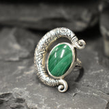 Crescent Ring, Natural Malachite Ring, Statement Ring, Tribal Ring, Large Green Ring, Vintage Ring, Green Crescent Ring, Solid Silver Ring