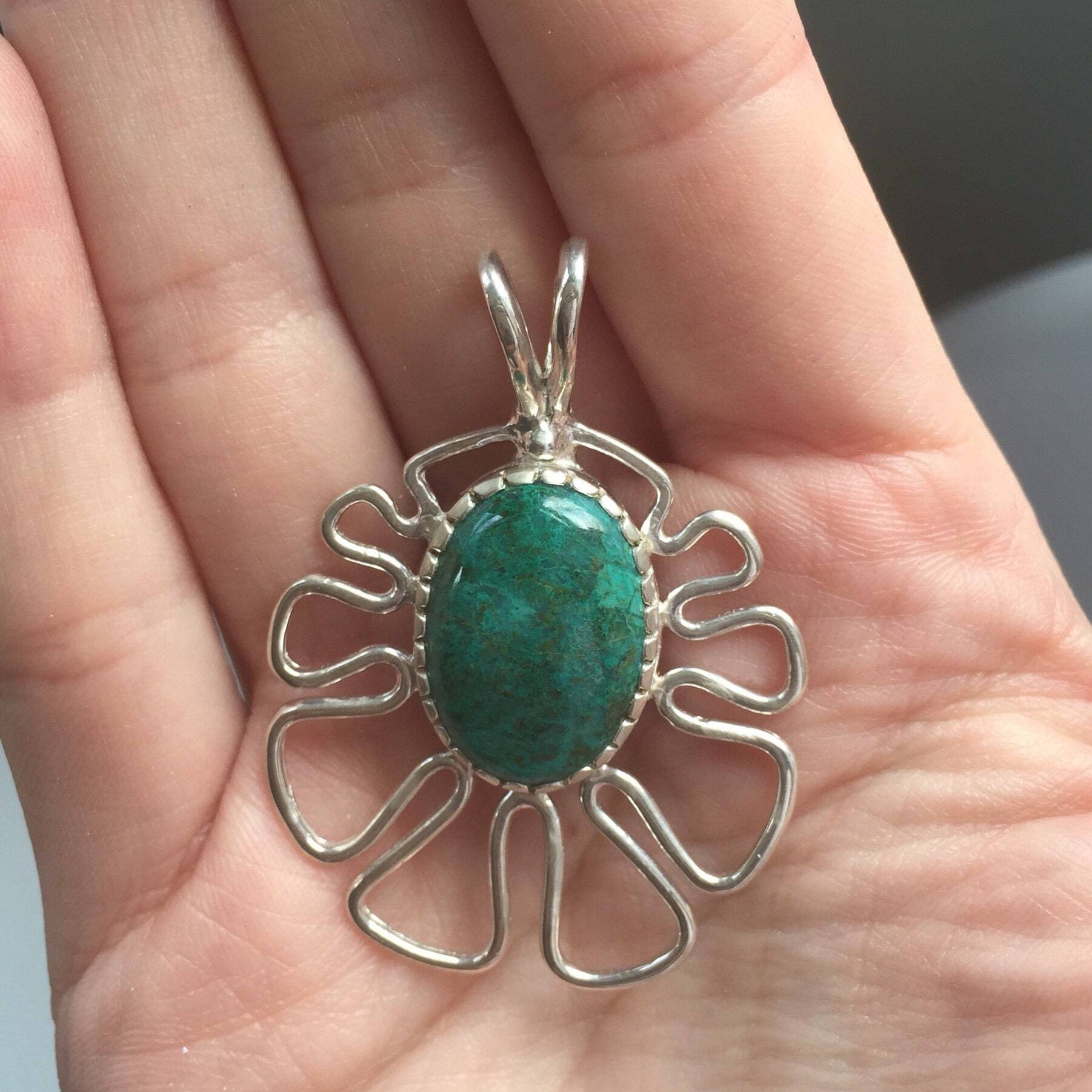 Chrysocolla Pendant, Statement Pendant, Unique Pendant, Big Silver Pendant, Healing Pendant, Chrysocolla Necklace, Green Chrysocolla, Silver