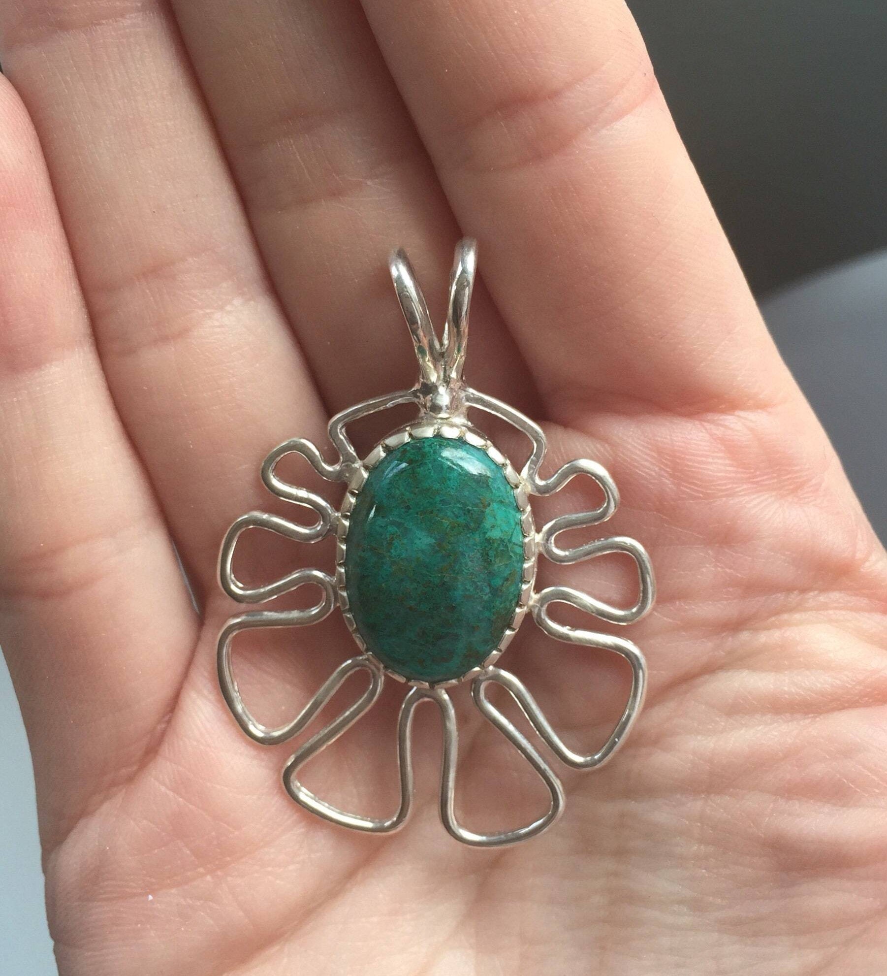 Chrysocolla Pendant, Statement Pendant, Unique Pendant, Big Silver Pendant, Healing Pendant, Chrysocolla Necklace, Green Chrysocolla, Silver