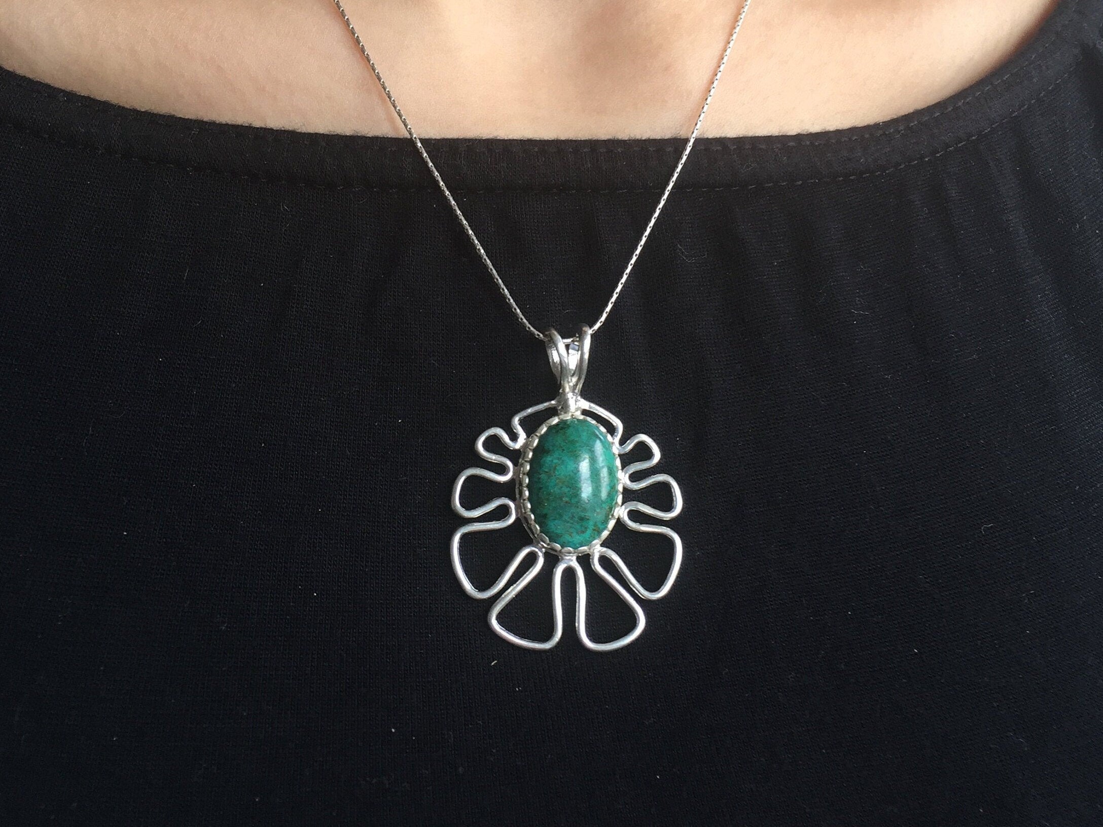 Chrysocolla Pendant, Statement Pendant, Unique Pendant, Big Silver Pendant, Healing Pendant, Chrysocolla Necklace, Green Chrysocolla, Silver