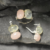 Statement Ring, Rose Quartz Ring, Prehnite Ring, Bohemian Ring, Two Stone Ring, January Birthstone, Large Gemstone Ring, Solid Silver Ring