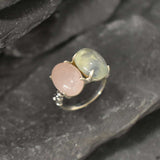 Statement Ring, Rose Quartz Ring, Prehnite Ring, Bohemian Ring, Two Stone Ring, January Birthstone, Large Gemstone Ring, Solid Silver Ring