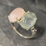 Statement Ring, Rose Quartz Ring, Prehnite Ring, Bohemian Ring, Two Stone Ring, January Birthstone, Large Gemstone Ring, Solid Silver Ring