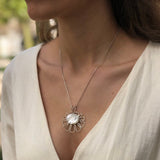 Shell Pendant, Mother of Pearl, White Flower Pendant, June Birthstone, Lotus Pendant, Artistic Pendant, Shell of Pearl, Solid Silver Pendant