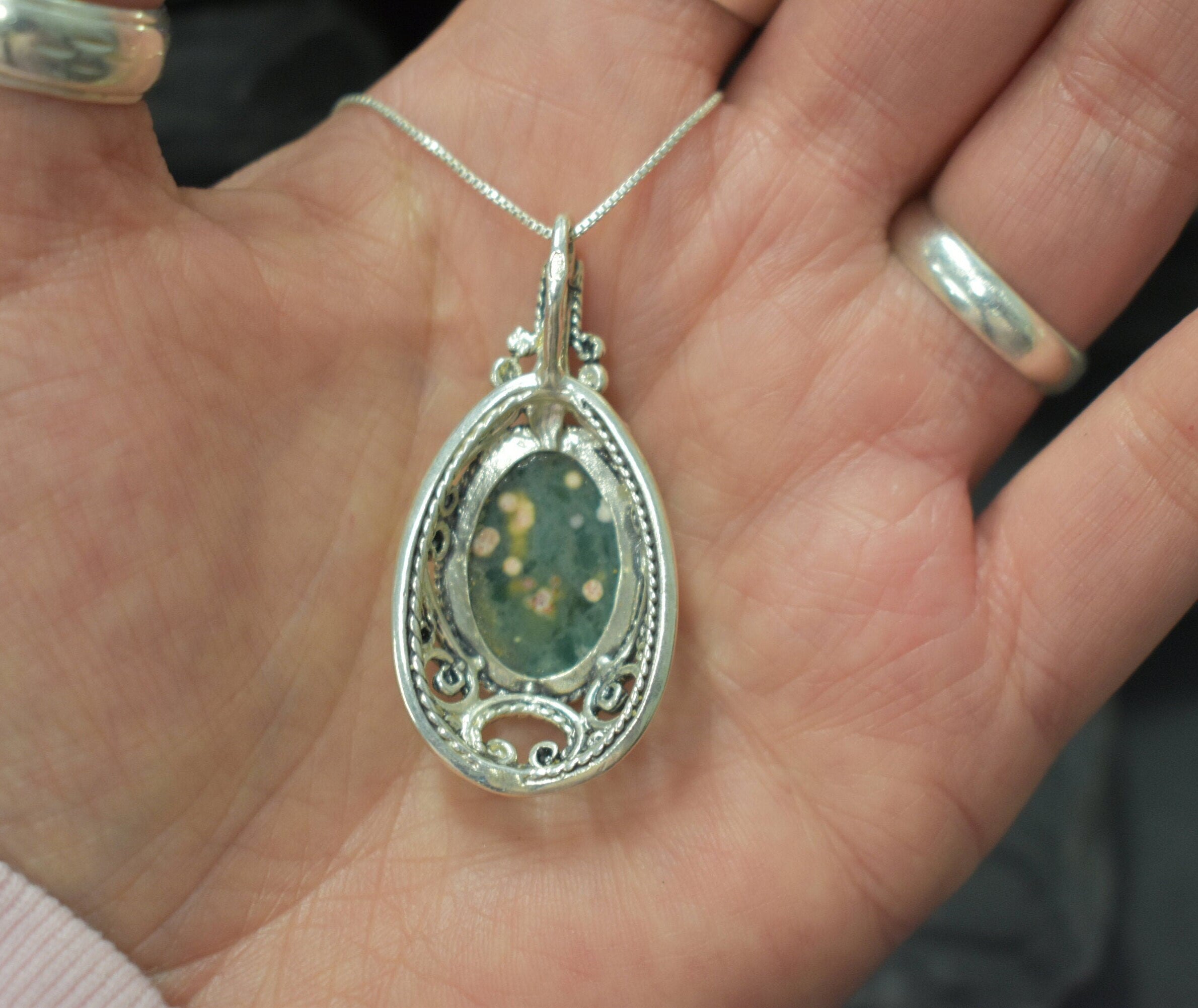 Antique Pendant, Ocean Jasper Pendant, Green Pendant, Vintage Pendant, Oval Pendant, Artisan Pendant, Ornament Pendant, Solid Silver Pendant