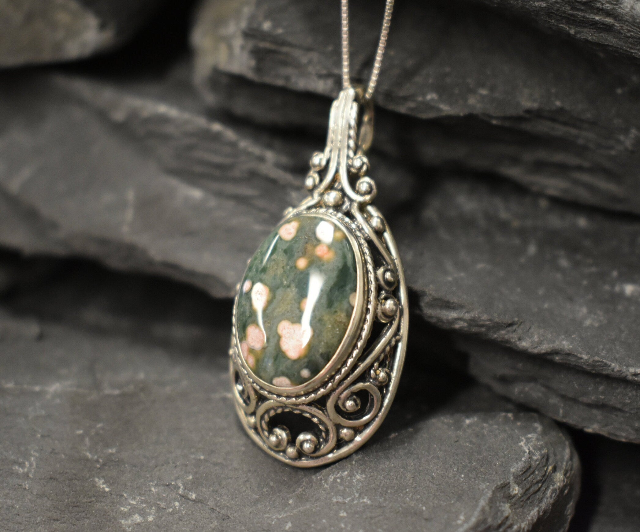 Antique Pendant, Ocean Jasper Pendant, Green Pendant, Vintage Pendant, Oval Pendant, Artisan Pendant, Ornament Pendant, Solid Silver Pendant