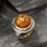 Amber Ring, Natural Amber, Brown Amber Ring, Taurus Birthstone, Statement Round Ring, Vintage Amber Ring, Big Amber Ring, 925 Silver Ring