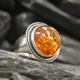 Amber Ring, Natural Amber, Brown Amber Ring, Taurus Birthstone, Statement Round Ring, Vintage Amber Ring, Big Amber Ring, 925 Silver Ring