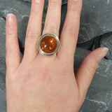 Amber Ring, Natural Amber, Brown Amber Ring, Taurus Birthstone, Statement Round Ring, Vintage Amber Ring, Big Amber Ring, 925 Silver Ring
