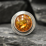 Amber Ring, Natural Amber, Brown Amber Ring, Taurus Birthstone, Statement Round Ring, Vintage Amber Ring, Big Amber Ring, 925 Silver Ring