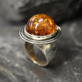 Amber Ring, Natural Amber, Brown Amber Ring, Taurus Birthstone, Statement Round Ring, Vintage Amber Ring, Big Amber Ring, 925 Silver Ring