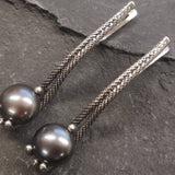 Pearl Earrings, Black Pearl Earrings, Natural Black Pear, June Birthstone, Long Pearl Earrings, Long Vintage Earrings, Solid Silver Earrings