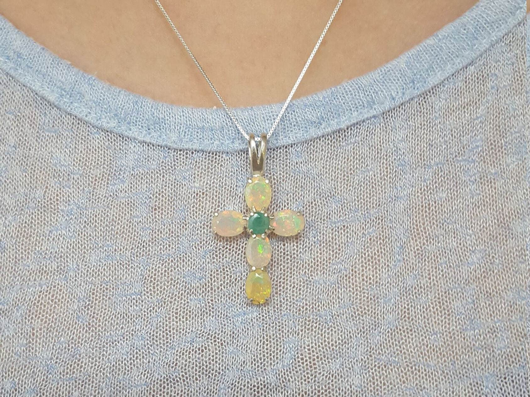 Iolite Pendant, Large Cross Pendant, Natural Iolite, Natural Emerald, Purple Pendant, Silver Necklace, Gemstone Cross, Large Cross Necklace