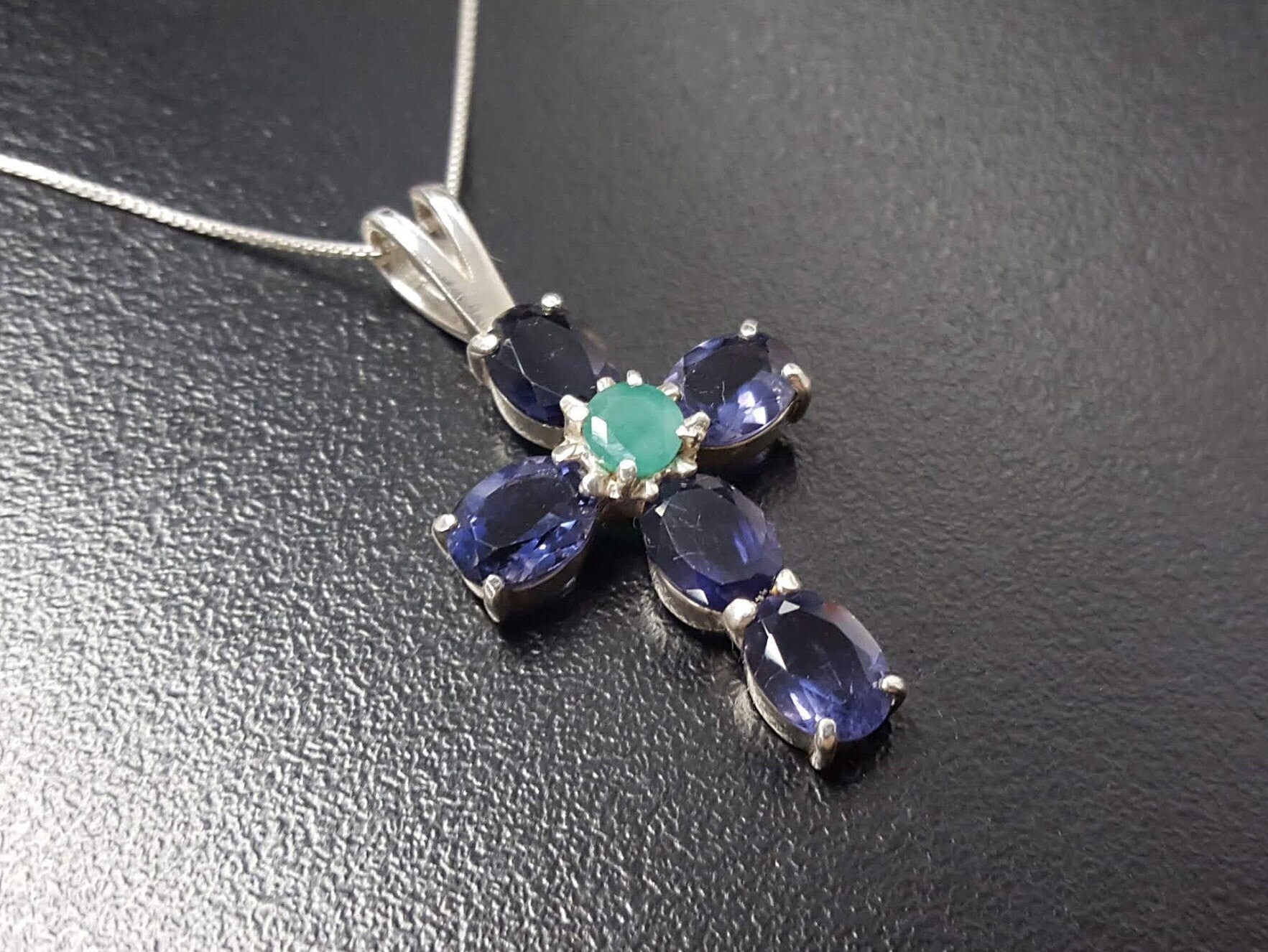 Iolite Pendant, Large Cross Pendant, Natural Iolite, Natural Emerald, Purple Pendant, Silver Necklace, Gemstone Cross, Large Cross Necklace