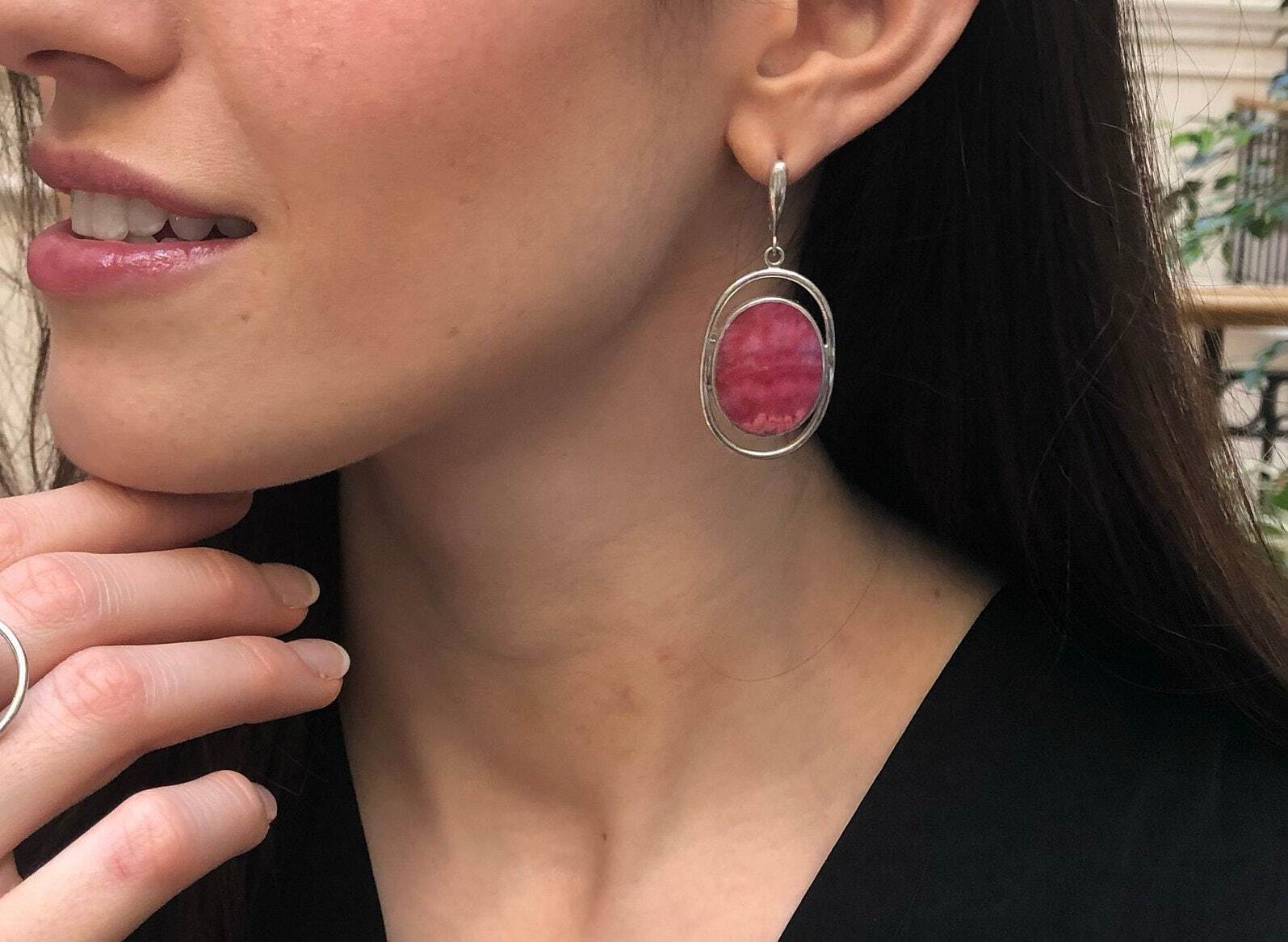 Rhodochrosite Earrings, Flat Stone Earrings, Statement Earrings, Pink Stone Earrings, Large Pink Earrings, Solid Stone, 925 Silver Earrings