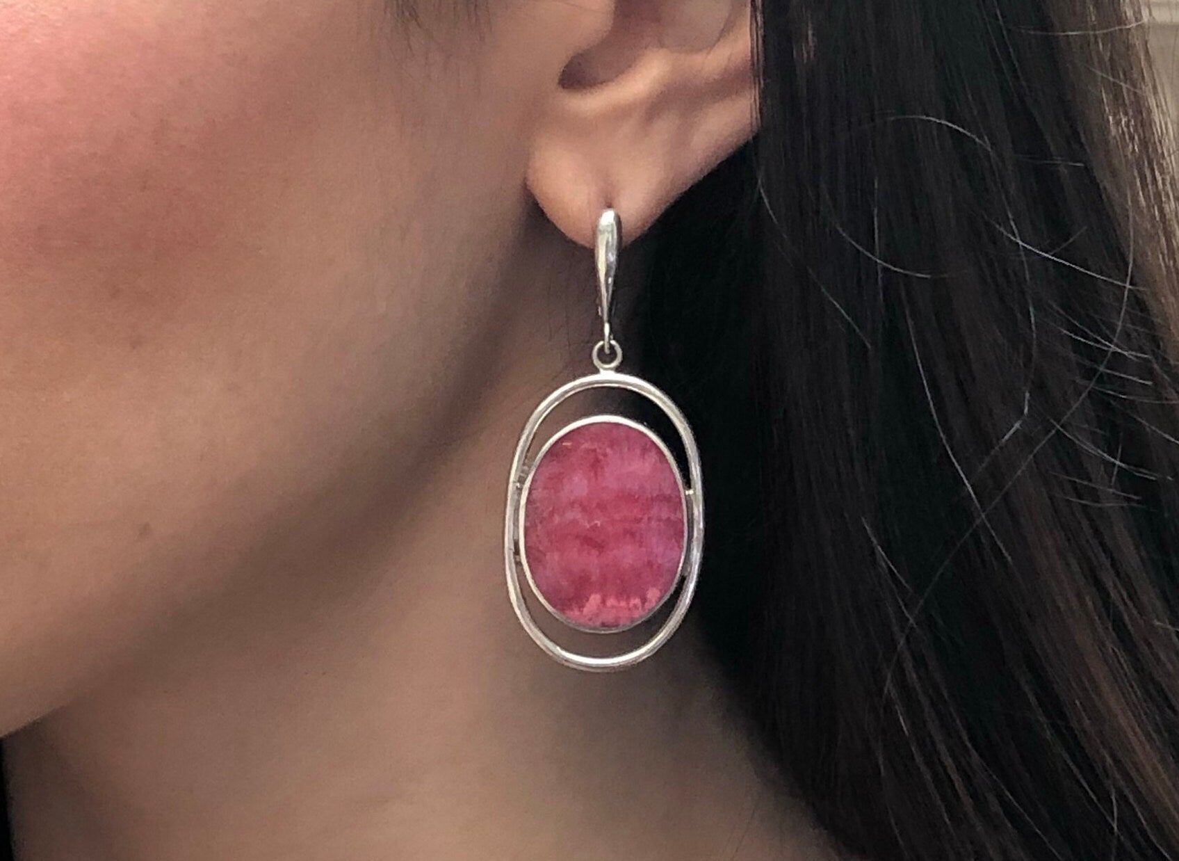 Rhodochrosite Earrings, Flat Stone Earrings, Statement Earrings, Pink Stone Earrings, Large Pink Earrings, Solid Stone, 925 Silver Earrings