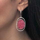 Rhodochrosite Earrings, Flat Stone Earrings, Statement Earrings, Pink Stone Earrings, Large Pink Earrings, Solid Stone, 925 Silver Earrings