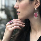 Rhodochrosite Earrings, Flat Stone Earrings, Statement Earrings, Pink Stone Earrings, Large Pink Earrings, Solid Stone, 925 Silver Earrings