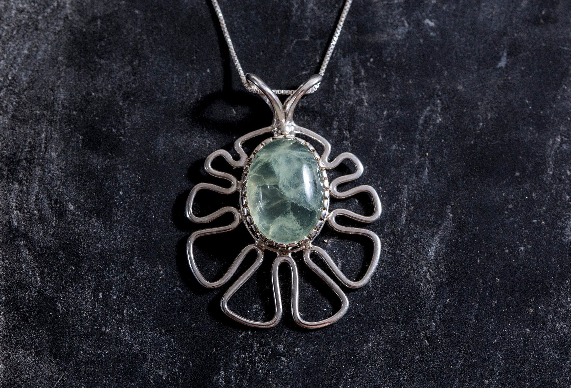 Prehnite Pendant, Natural Prehnite, Green Leaf Necklace, Abstract Pendant, Statement Pendant, Large Oval Pendant, Solid Silver, Prehnite