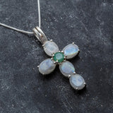 Moonstone Cross Necklace, Natural Moonstone, June Birthstone, Emerald Cross Pendant, Statement Necklace, Silver Necklace, Rare By Adina