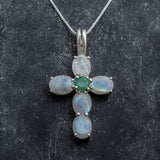Moonstone Cross Necklace, Natural Moonstone, June Birthstone, Emerald Cross Pendant, Statement Necklace, Silver Necklace, Rare By Adina