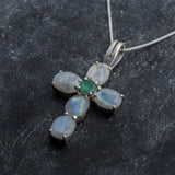 Moonstone Cross Necklace, Natural Moonstone, June Birthstone, Emerald Cross Pendant, Statement Necklace, Silver Necklace, Rare By Adina