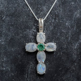 Moonstone Cross Necklace, Natural Moonstone, June Birthstone, Emerald Cross Pendant, Statement Necklace, Silver Necklace, Rare By Adina